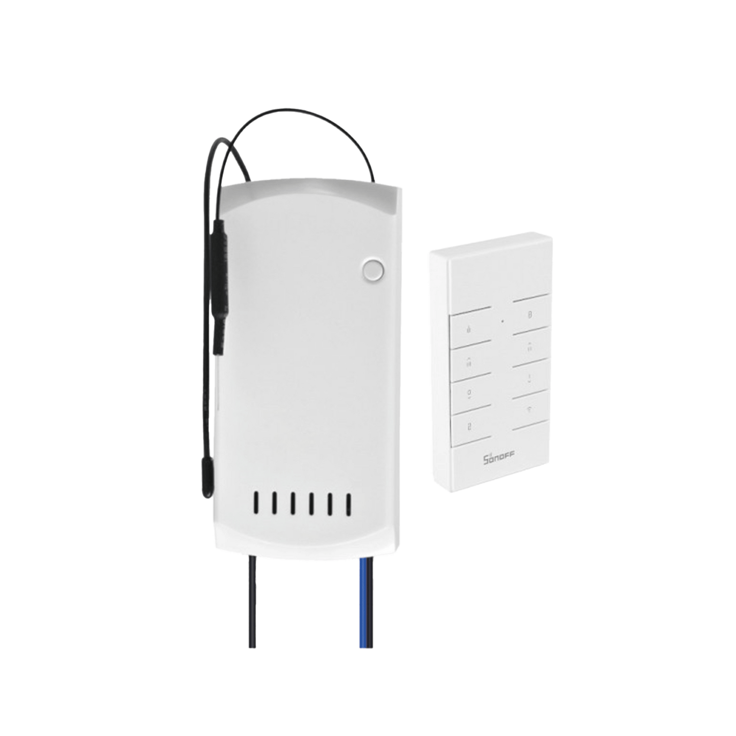 White electronic curtain and fan controller with a cable on a white background