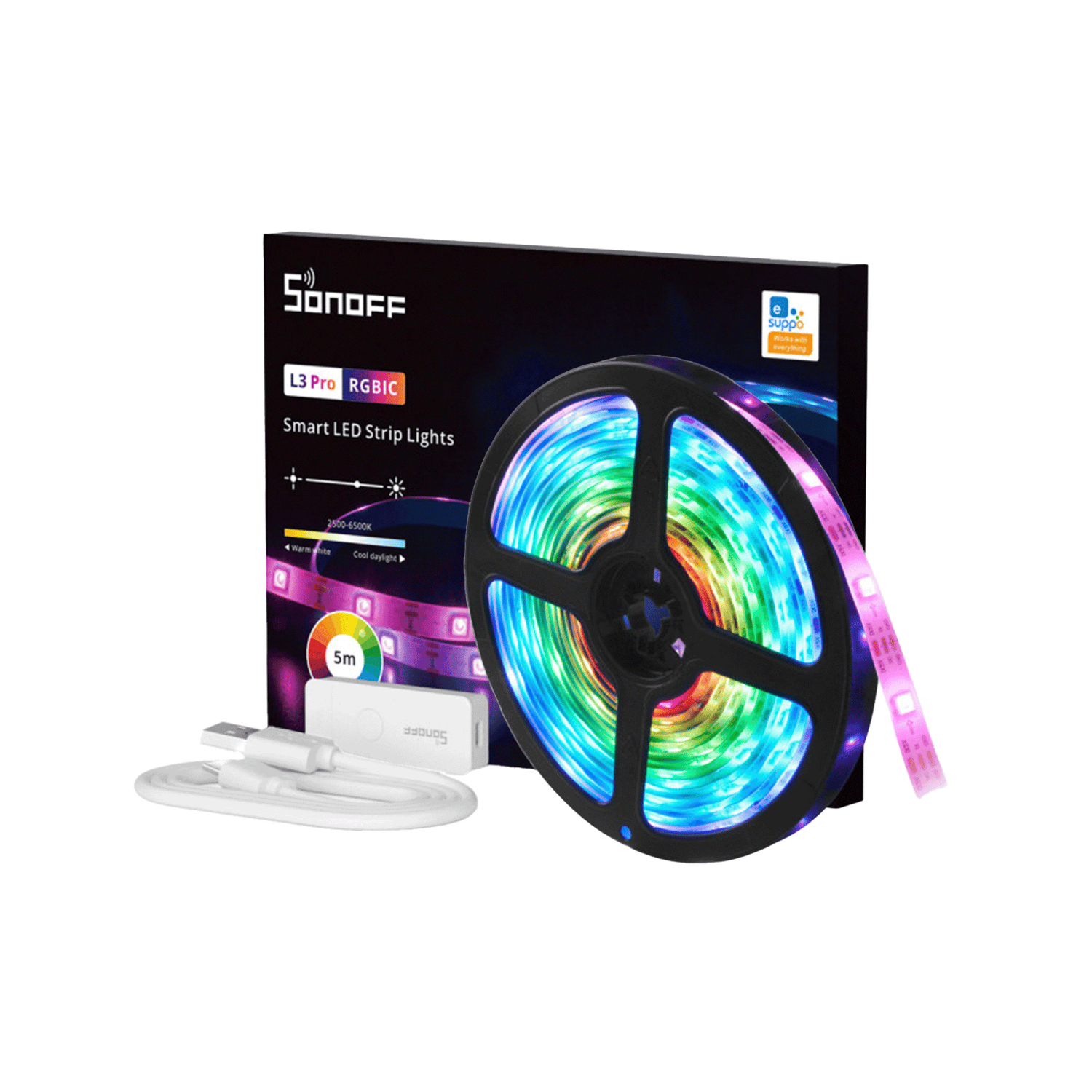 Sonoff smart LED strip lights packaging with LED strip and controller on a white background
