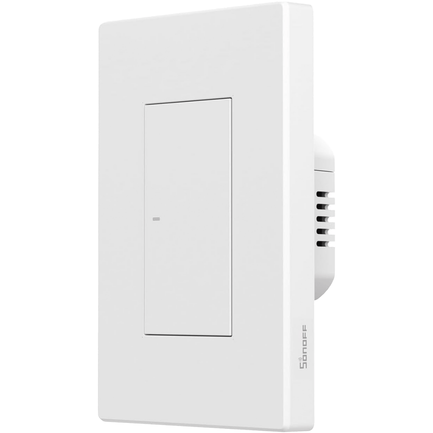 White wall switch with Sonoff branding on a white background
