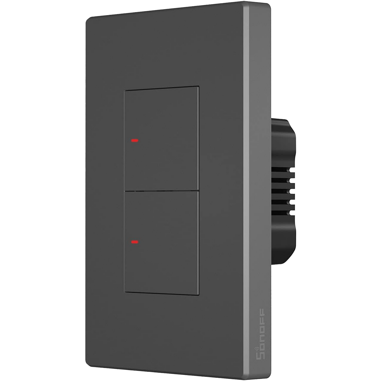 Grey wall switch with Sonoff branding on a white background
