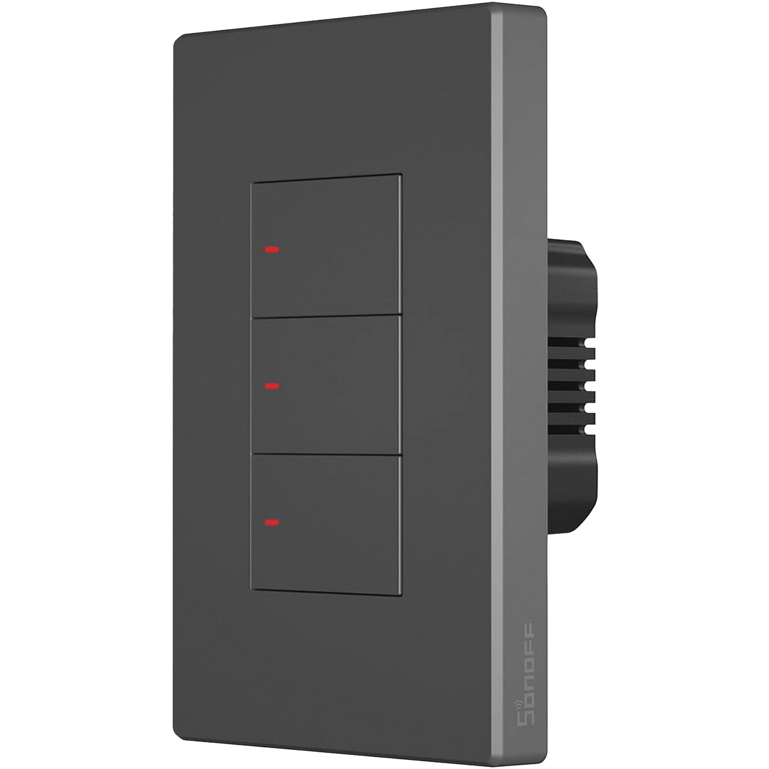 Grey wall-mounted electronic switch with Sonoff branding on a white background