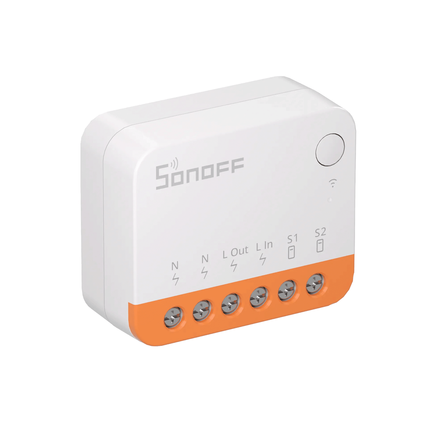 Sonoff device with white body and orange bottom section on a white background