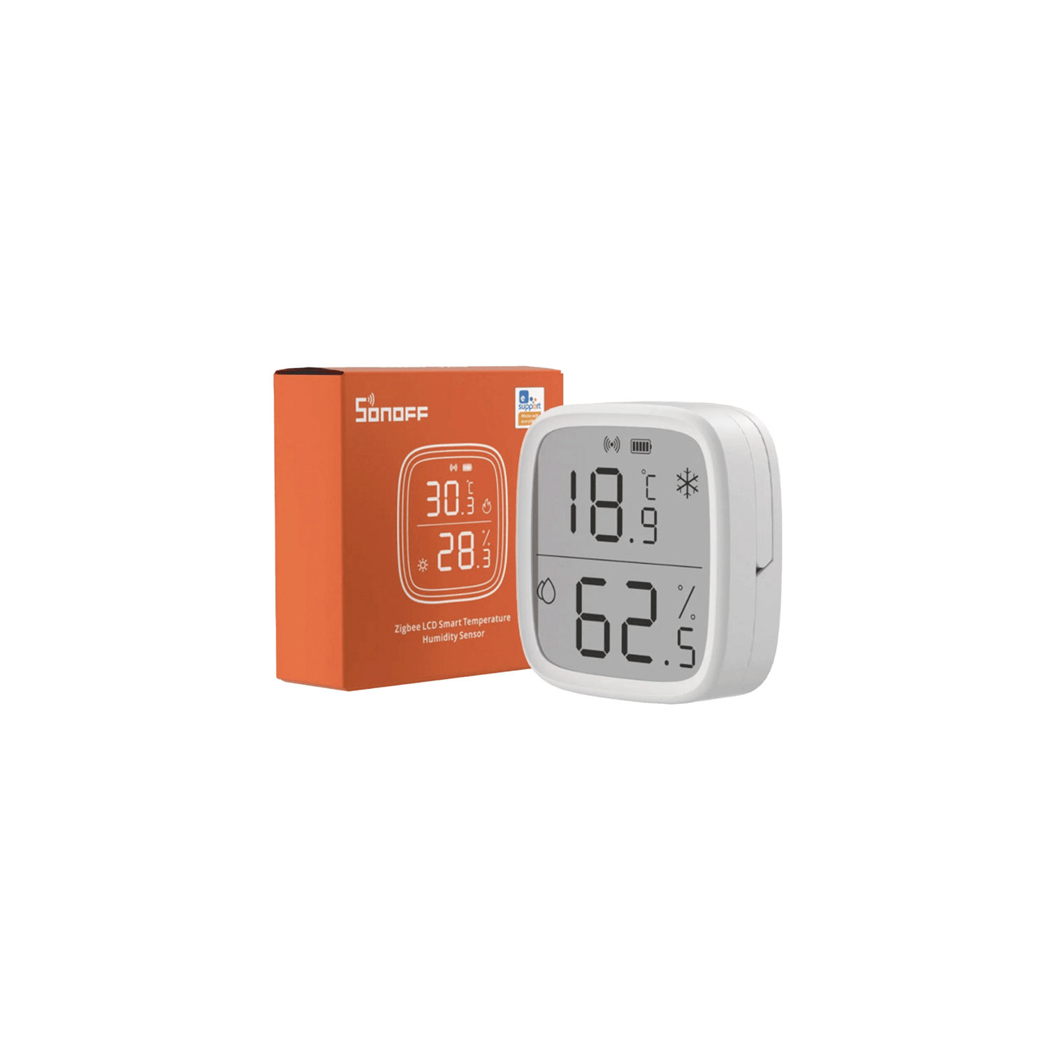 Digital thermometer with Sonoff branding on an orange box against a white background