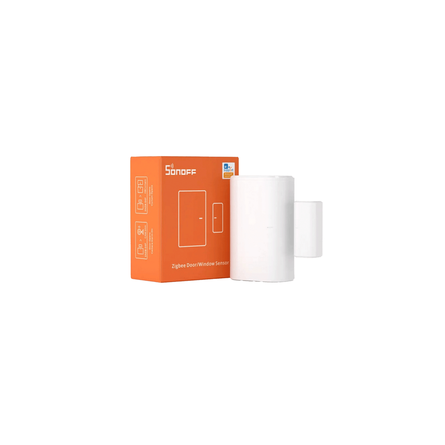 Sonoff device packaging with a white device on a white background