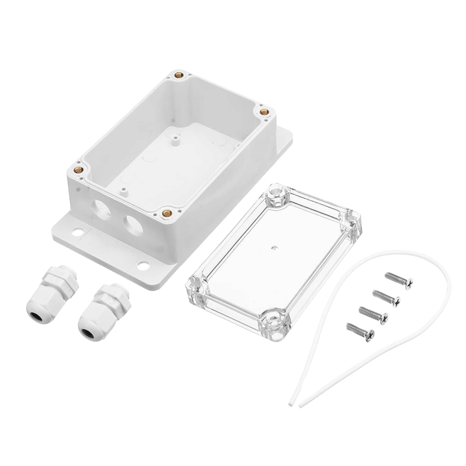 White electronic enclosure kit with clear cover, screws, and connectors on a white background