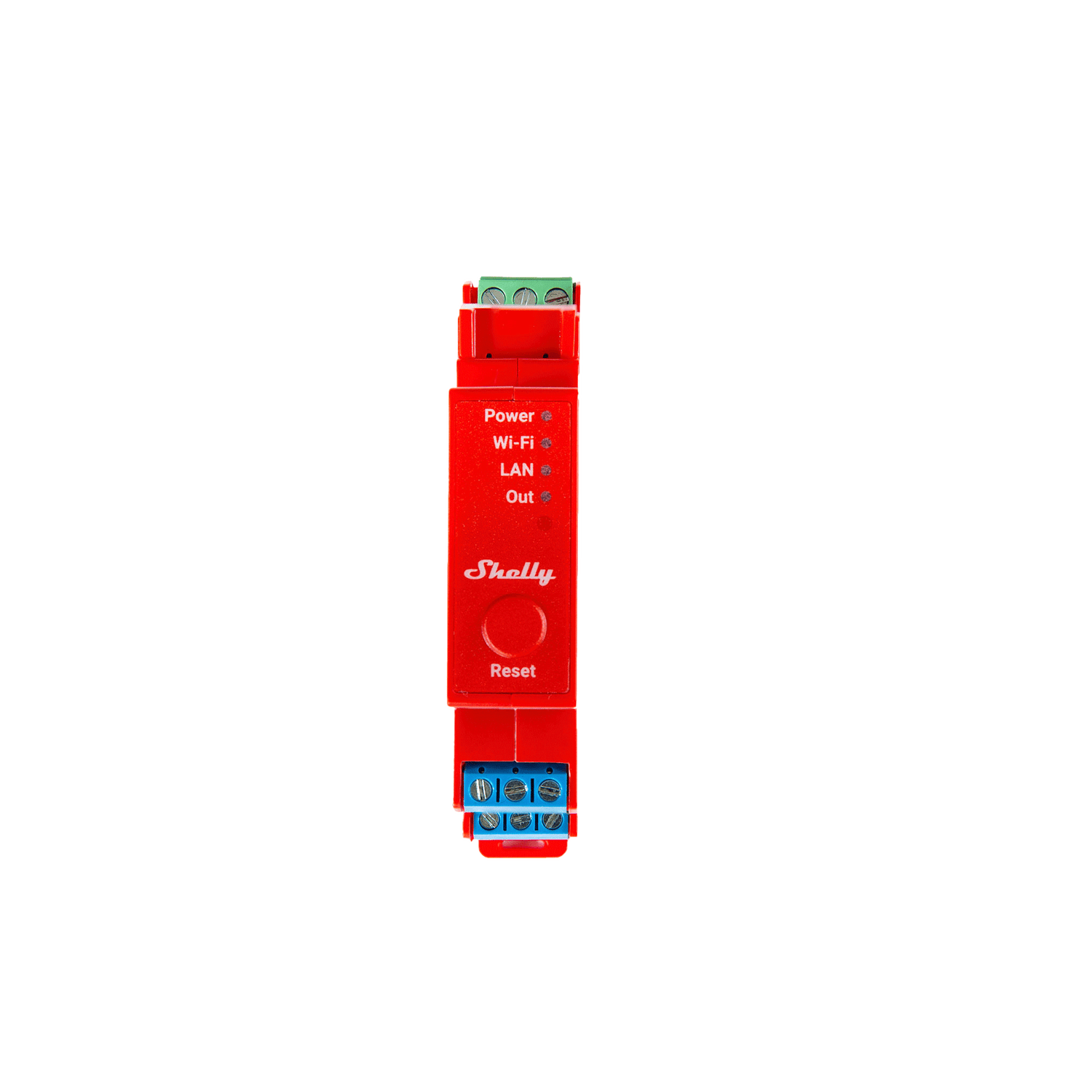 Shelly Pro 1PM DIN rail mountable smart switch with one power meter and LAN connectivity.