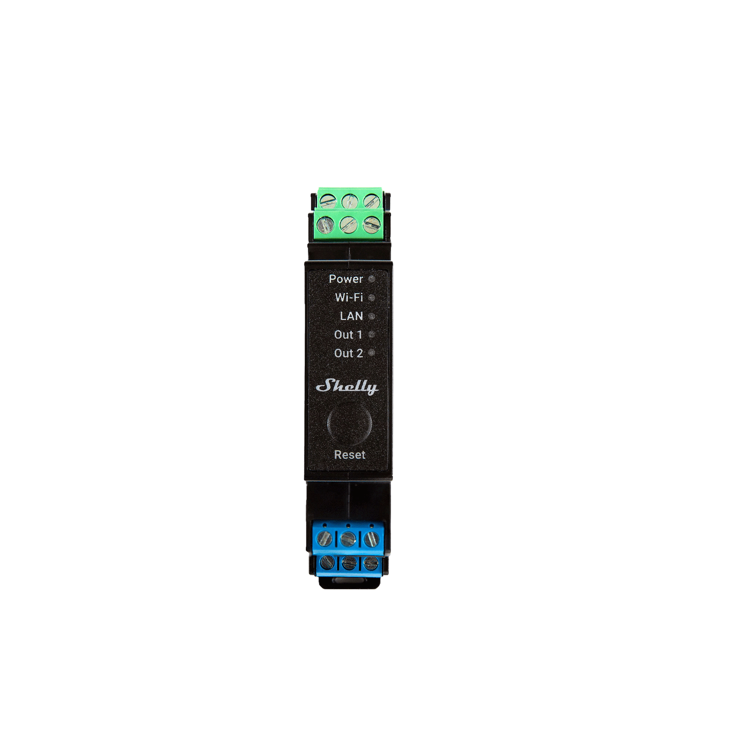 Shelly Pro 2PM smart relay device with two switches and DIN rail mount