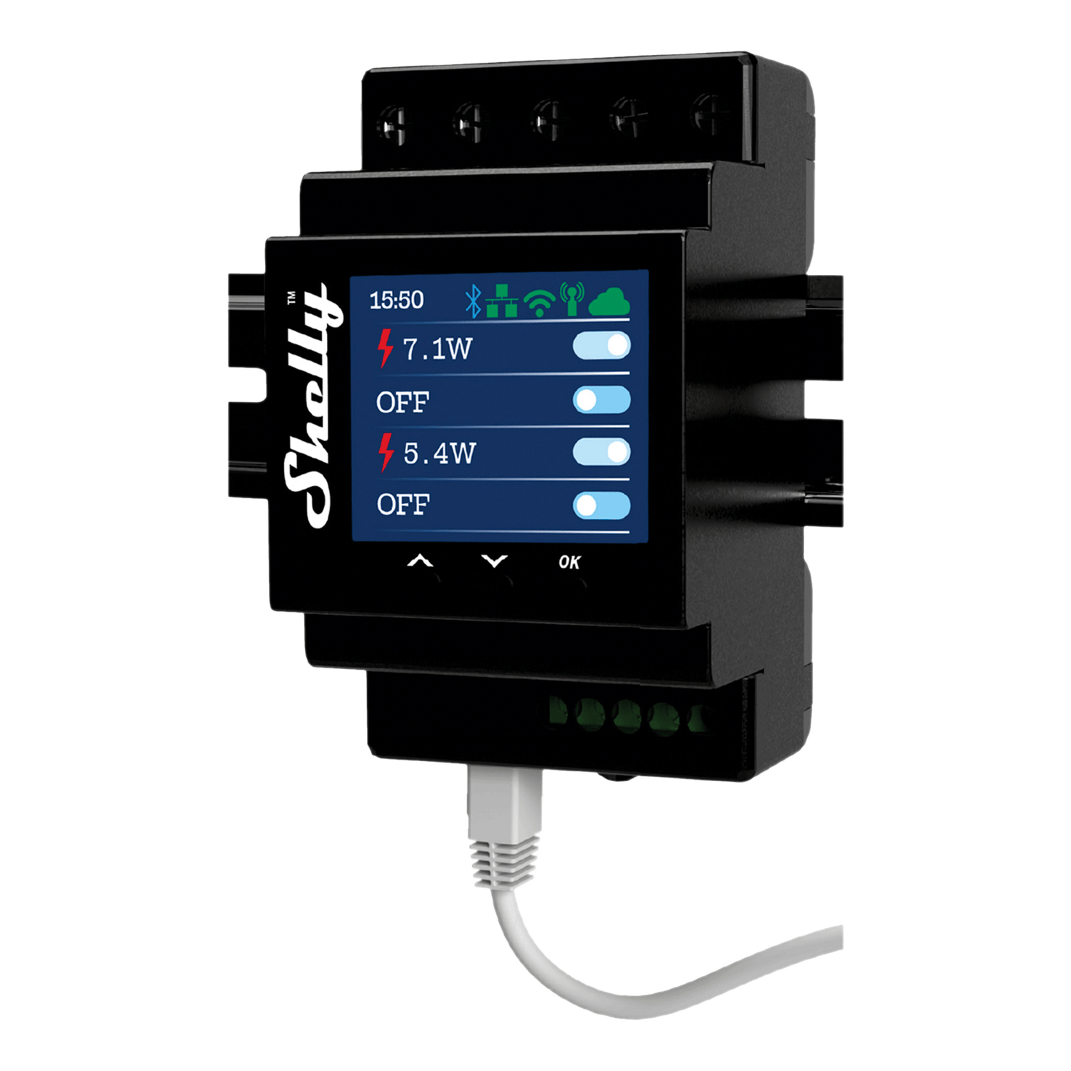 Shelly pro 4pm is a Professional DIN rail mountable 4-channel smart switch with power metering for home and facility automation, featuring LAN, Wi-Fi, and Bluetooth connectivity
