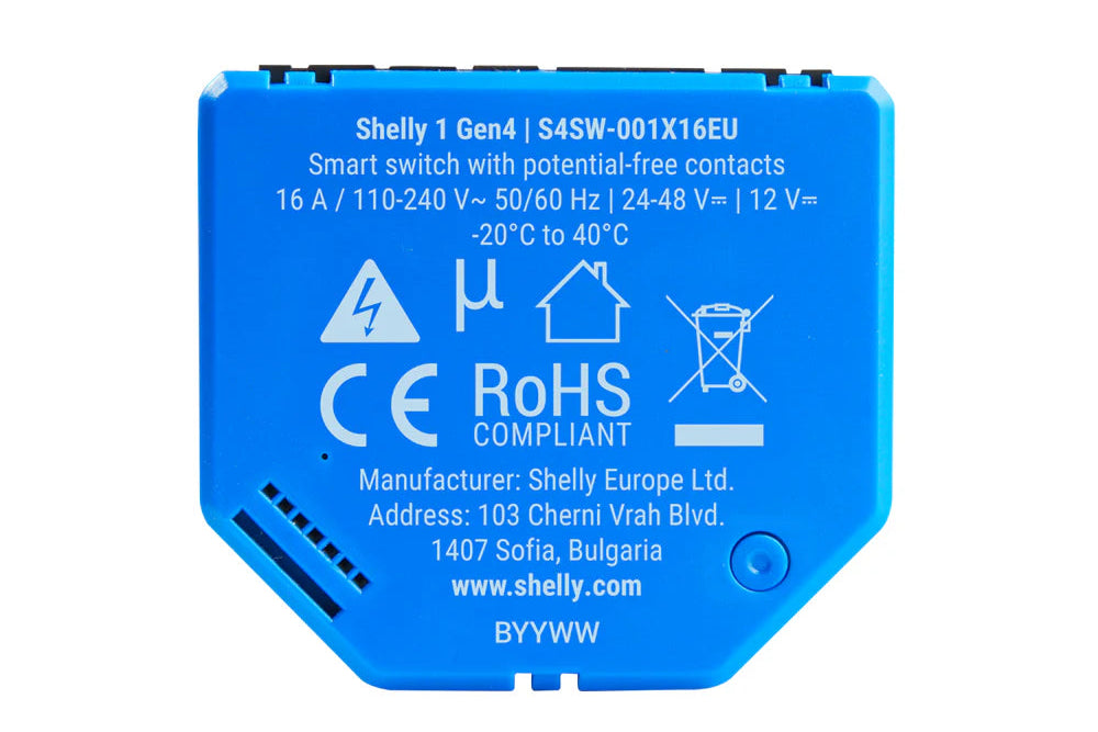 Blue electronic device labeled 'Shelly 1 Gen4' with technical specifications on a white background.