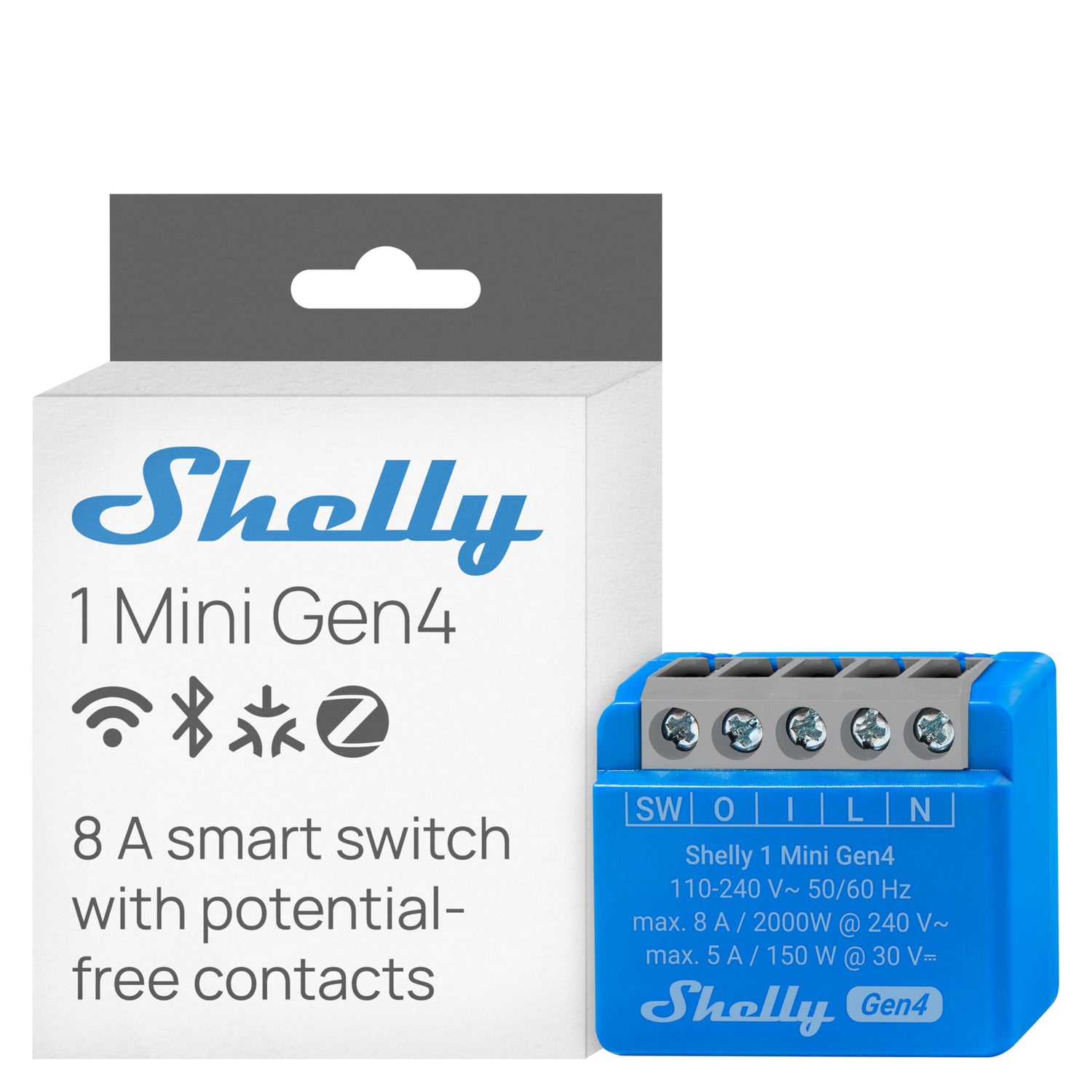Shelly 1 Mini Gen4 smart switch with packaging on a white background