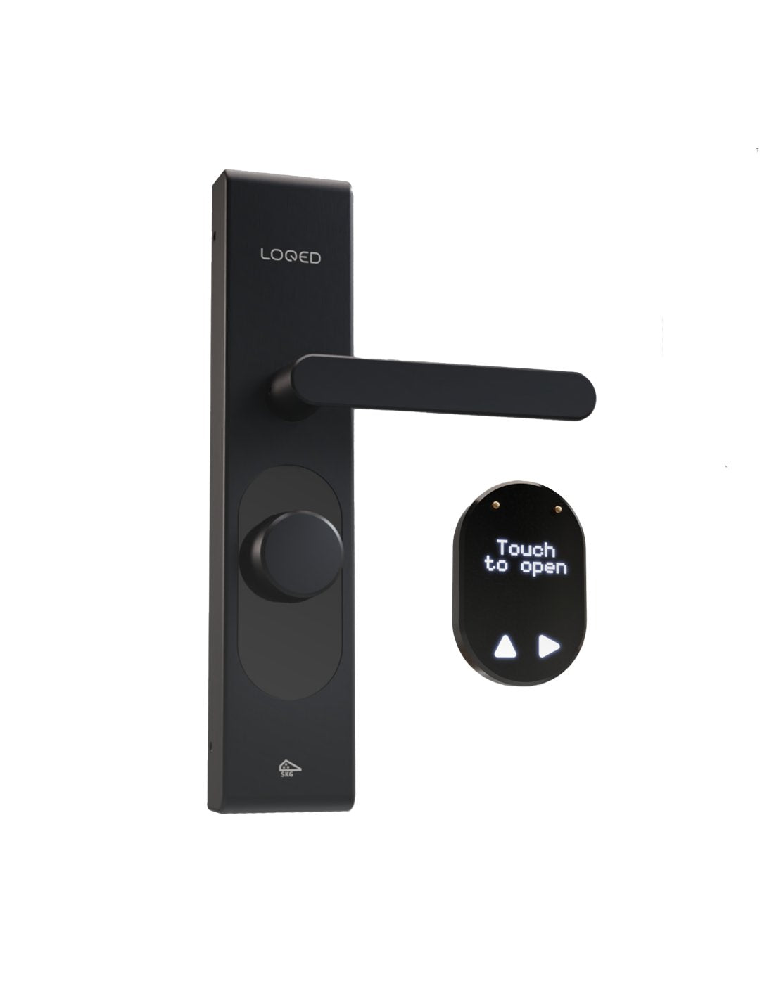 Black Shelly door handle with electronic lock and remote control on a white background