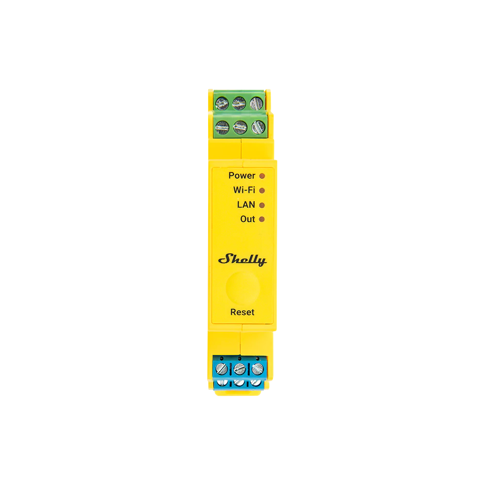 Yellow electronic device with 'Shelly' branding on a white background