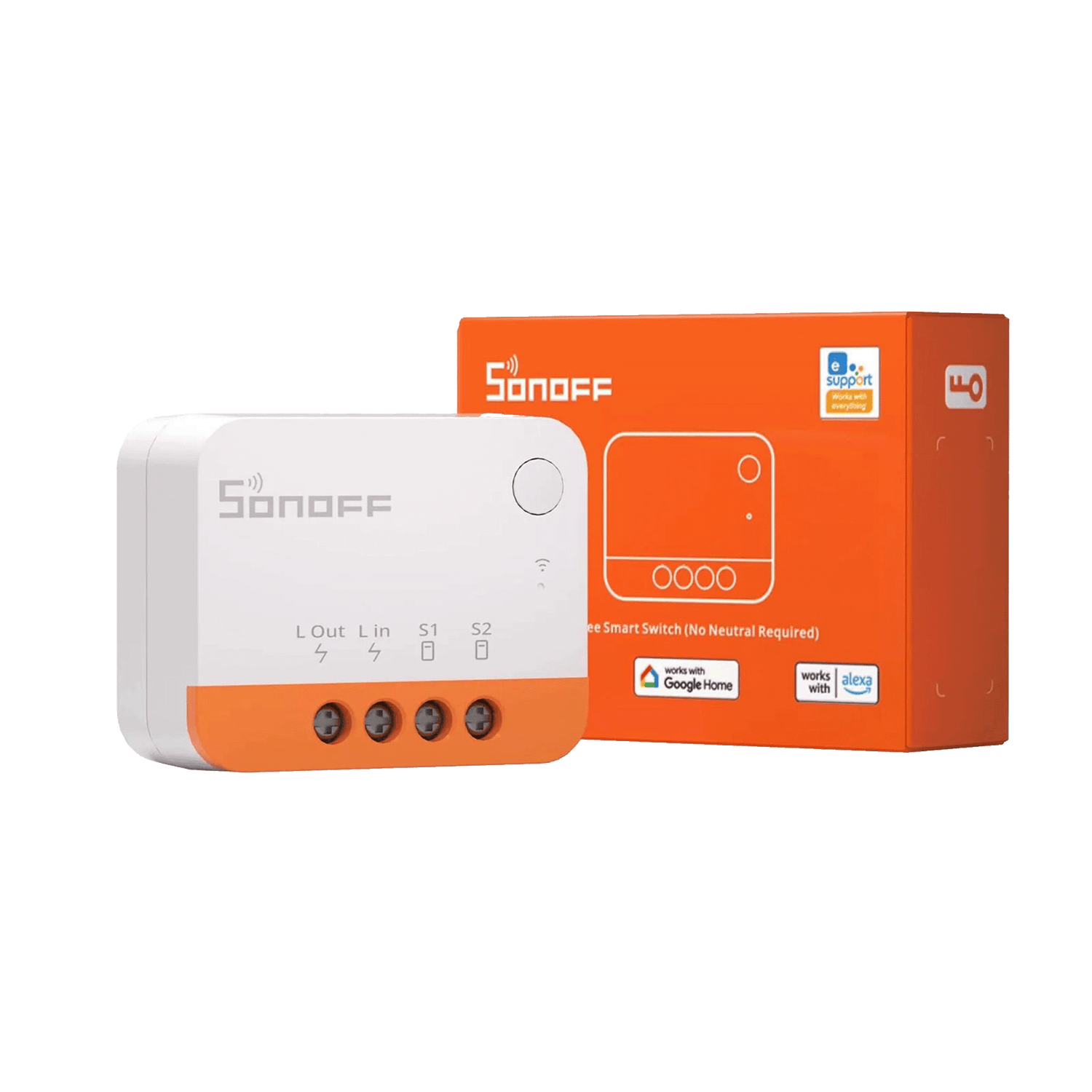 Sonoff smart switch with orange packaging on a white background