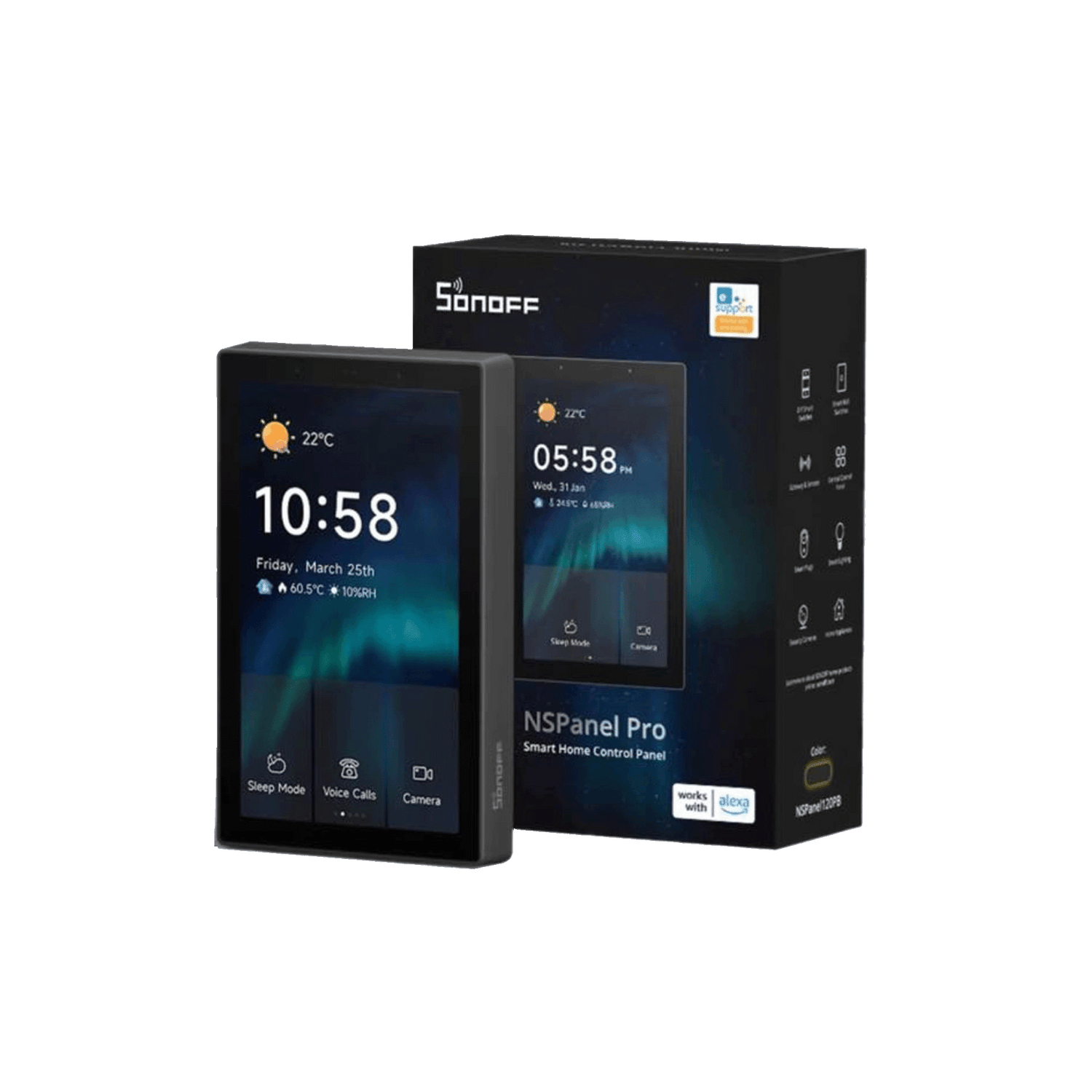 Sonoff NSPanel Pro smart module and packaging on a white background