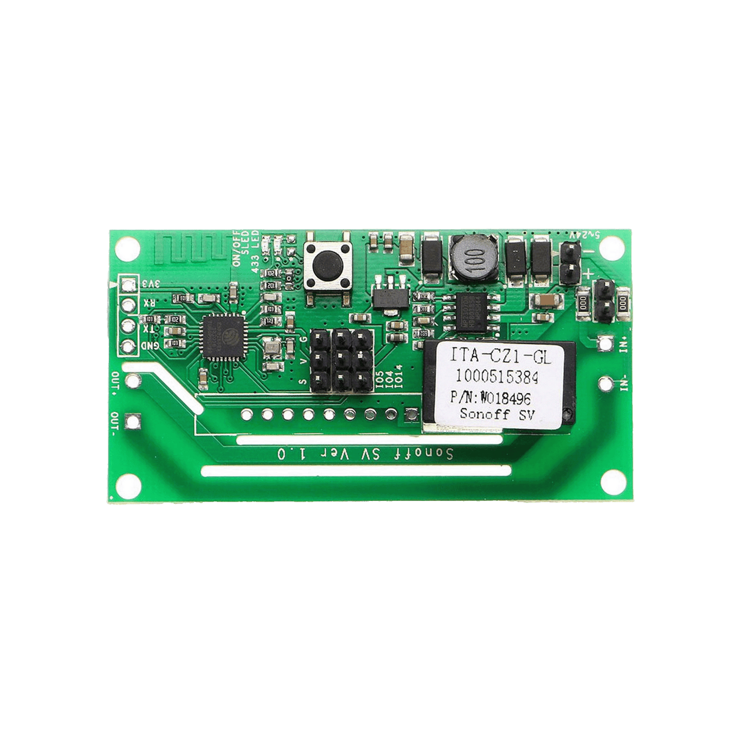 Green electronic circuit board with various components on a white background