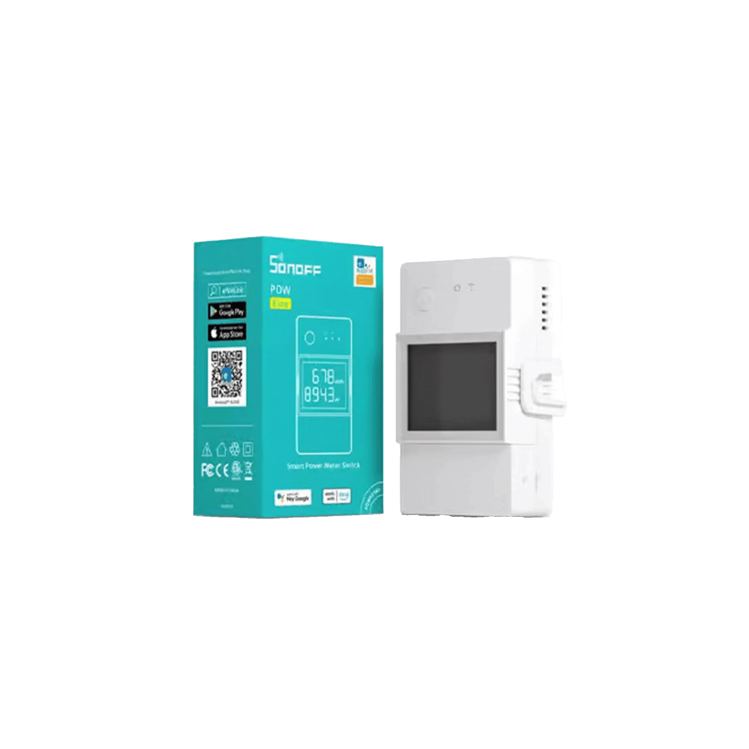 White Sonoff pool switch with its packaging on a white background