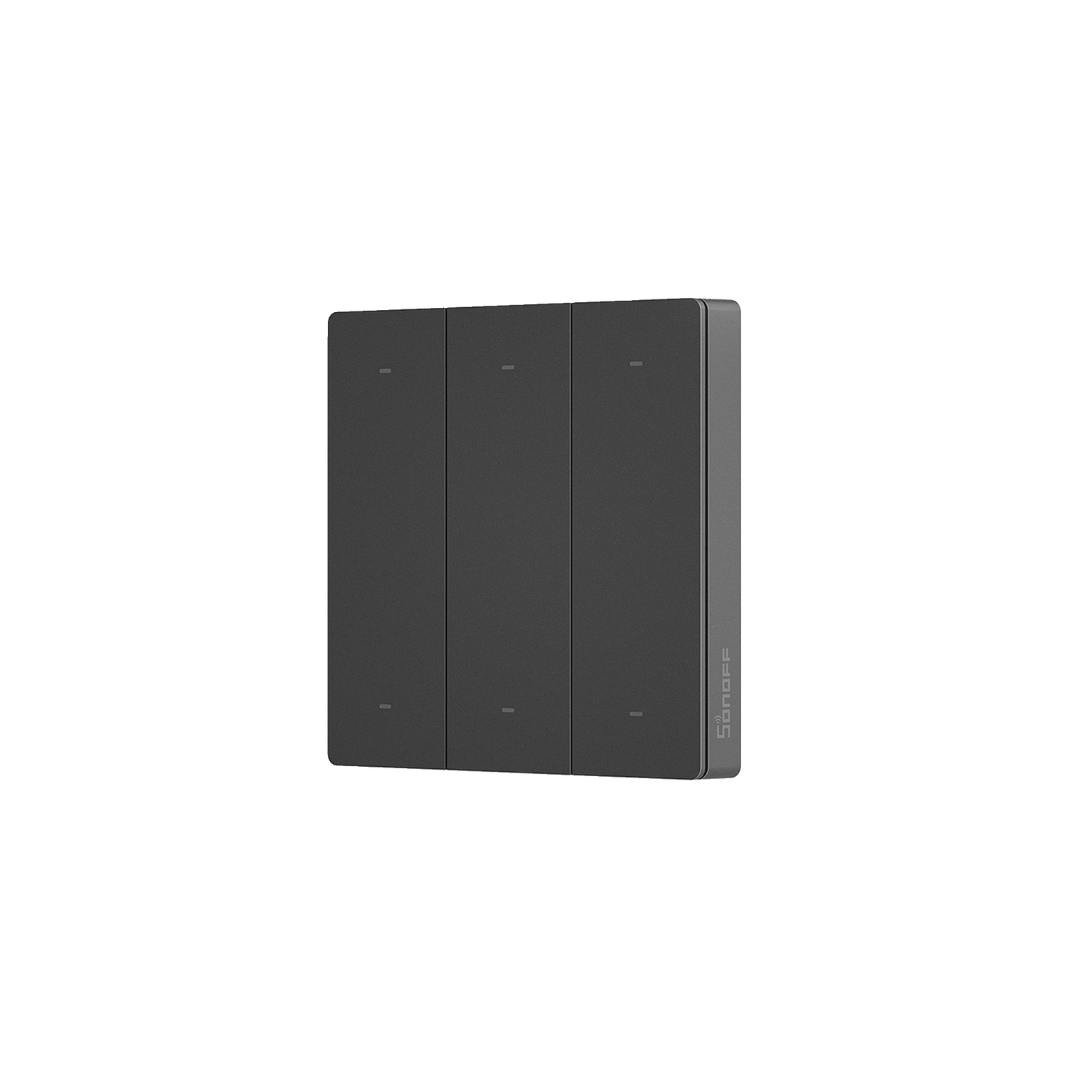 Black Sonoff Wireless Controller with three buttons on a white background