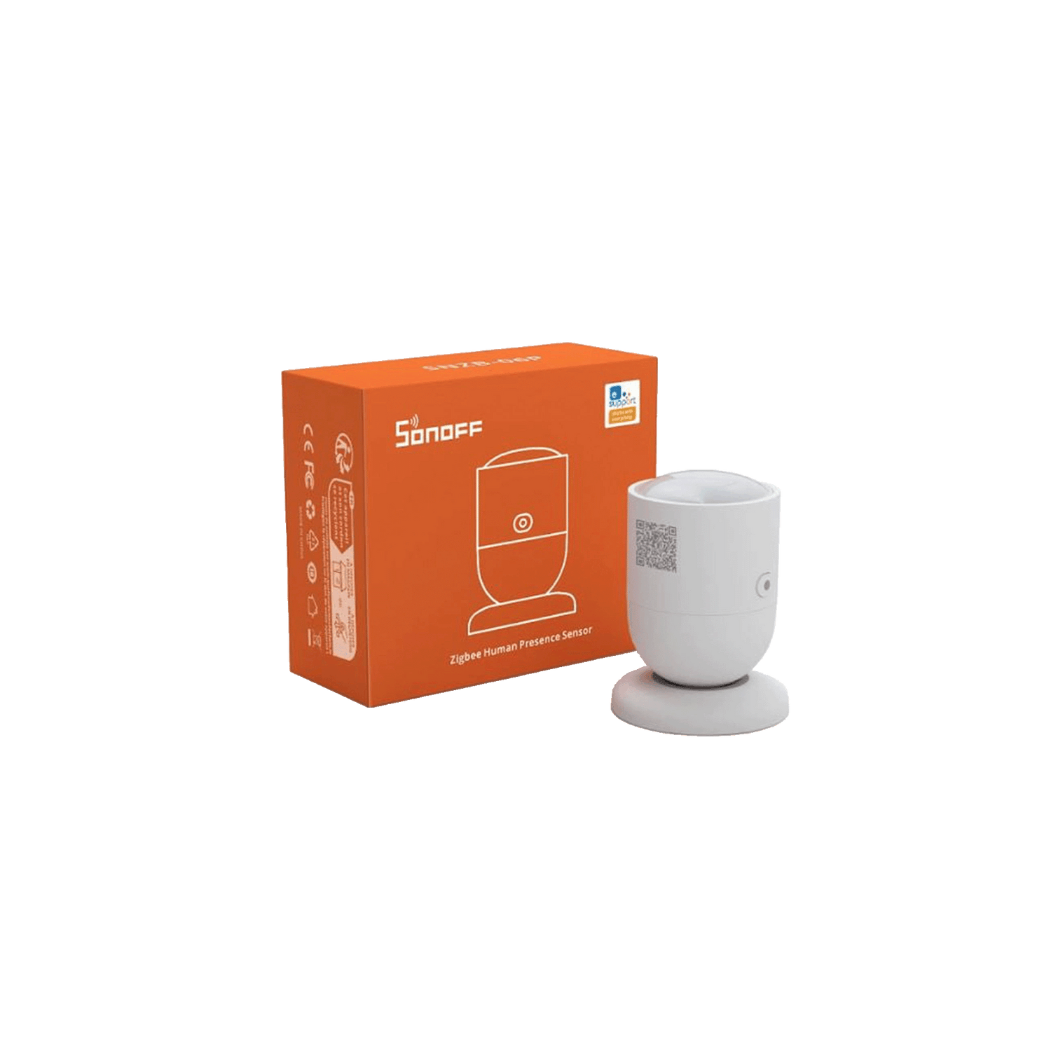 White Sonoff device with an orange packaging box on a white background