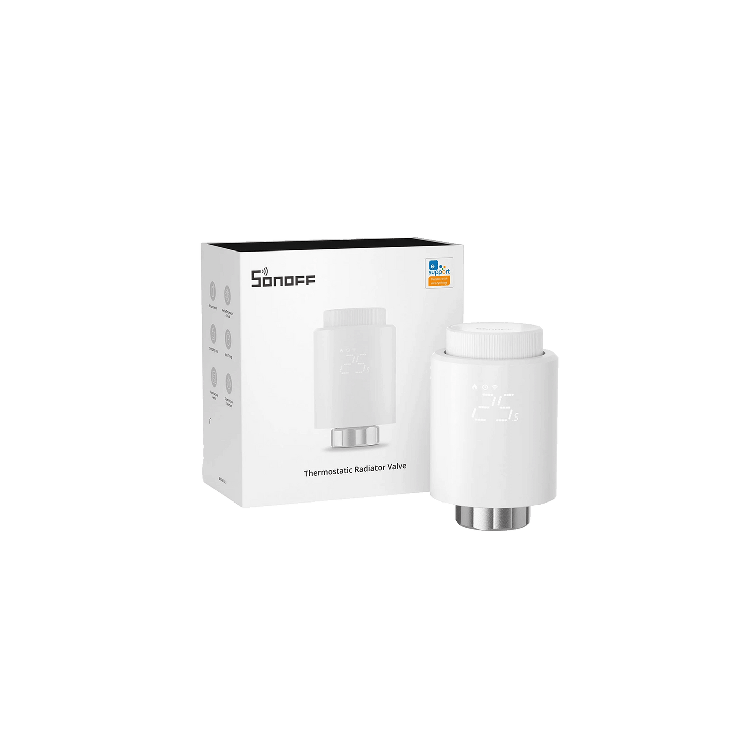 Sonoff thermostatic radiator valve with packaging on a white background