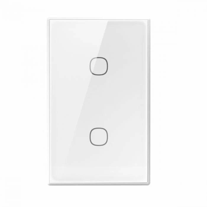 White wall switch plate with two circular outlets on a white background