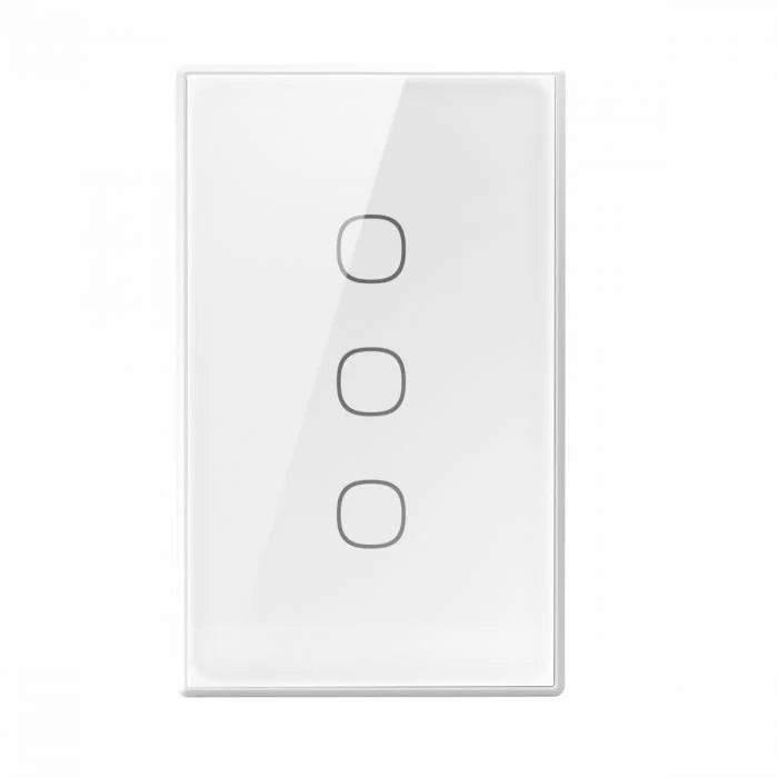 White light switch panel with three circular buttons on a white background