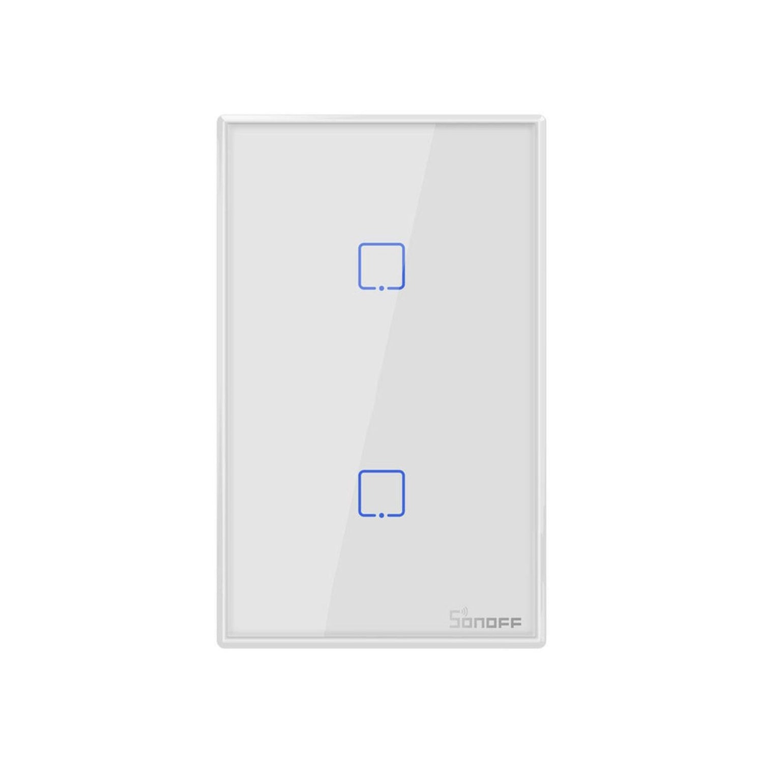White smart switch with blue indicator lights on a white background