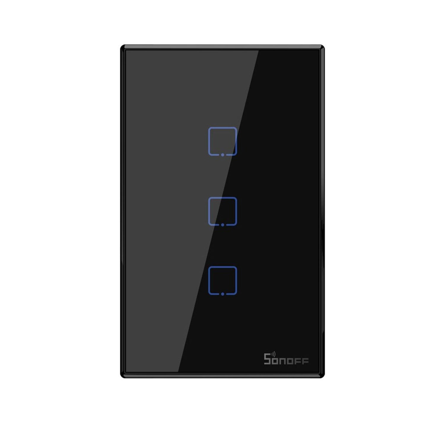 Black smart switch with Sonoff branding on a white background