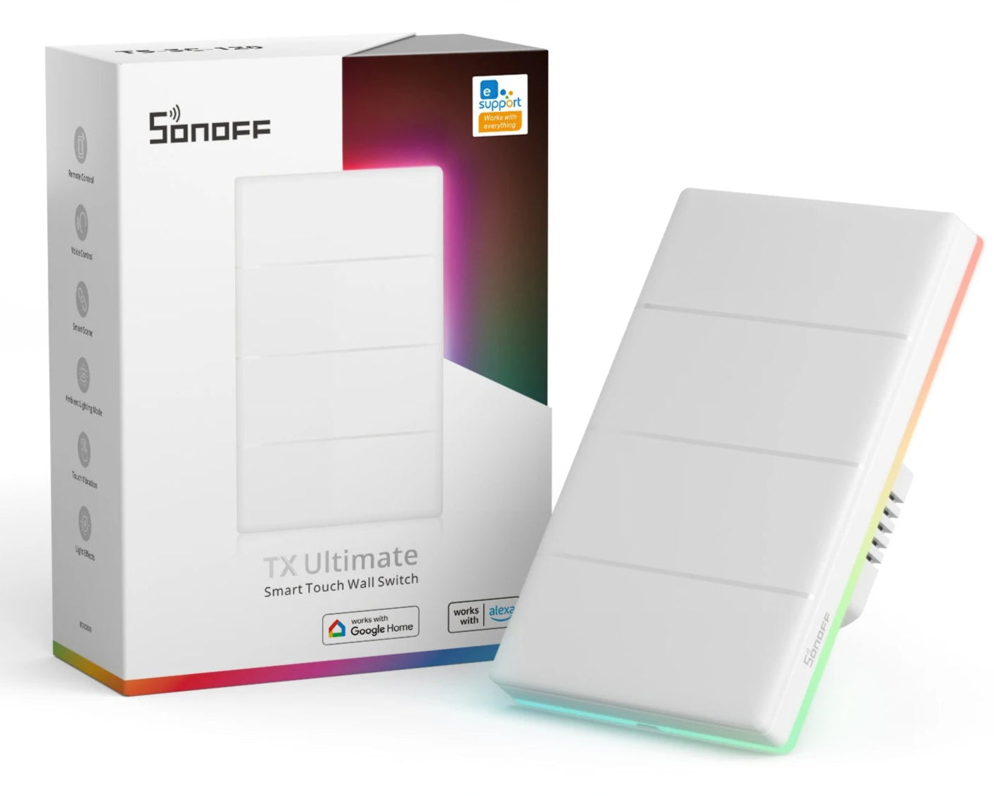 Sonoff TX Ultimate smart touch wall switch with packaging on a white background