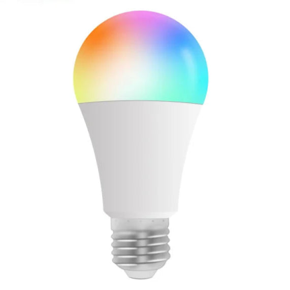 Zemismart 9W RGB-CCT LED smart bulb, 240V energy-efficient light with adjustable color temperature, full RGB spectrum, WiFi smart home compatibility, and voice control support.