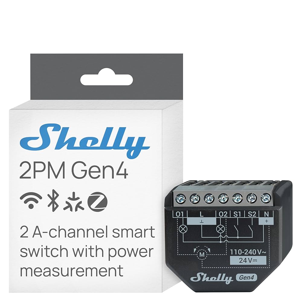 Shelly 2PM Gen4 smart switch packaging with device illustration on a white background