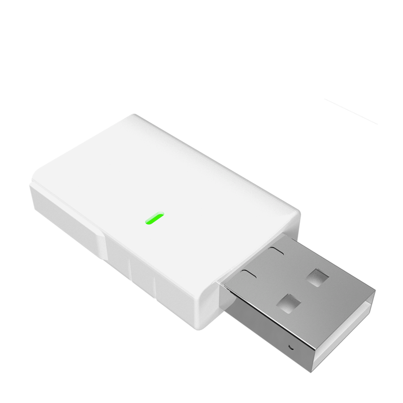 White USB adapter with a green indicator light on a white background