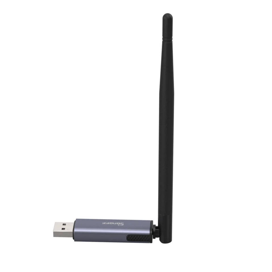 USB WiFi adapter with antenna on a white background