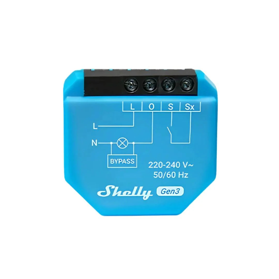 A compact blue smart relay switch for controlling a single lighting output without a neutral wire, requiring a Shelly Bypass 1L/2L for operation