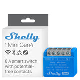 Shelly 1 Mini Gen4 smart switch with packaging on a white background