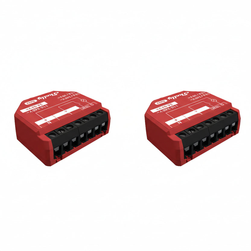 Two red electronic devices with black connectors on a white background
