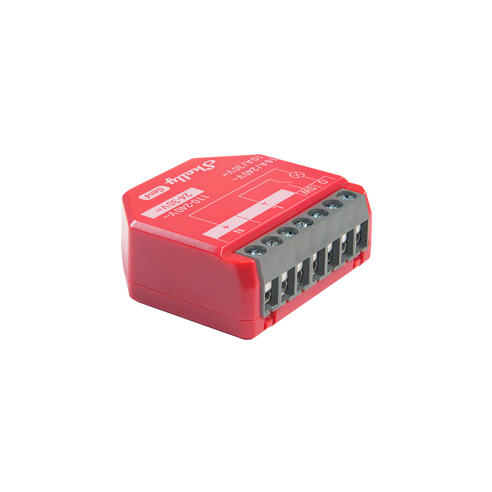 Red compact smart switch with power monitoring, multiprotocol support (Wi-Fi, Bluetooth, Zigbee), Matter certification, and fast performance for controlling lights and appliances