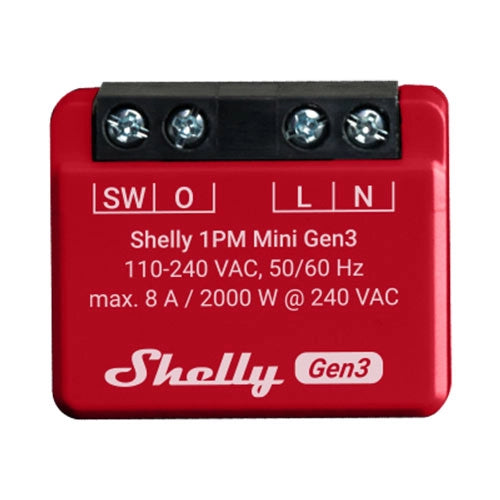 Small, red Shelly 1PM Mini Gen3 Wi-Fi smart relay switch with integrated power meter, showing terminals for wiring.