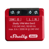 Small, red Shelly 1PM Mini Gen3 Wi-Fi smart relay switch with integrated power meter, showing terminals for wiring.