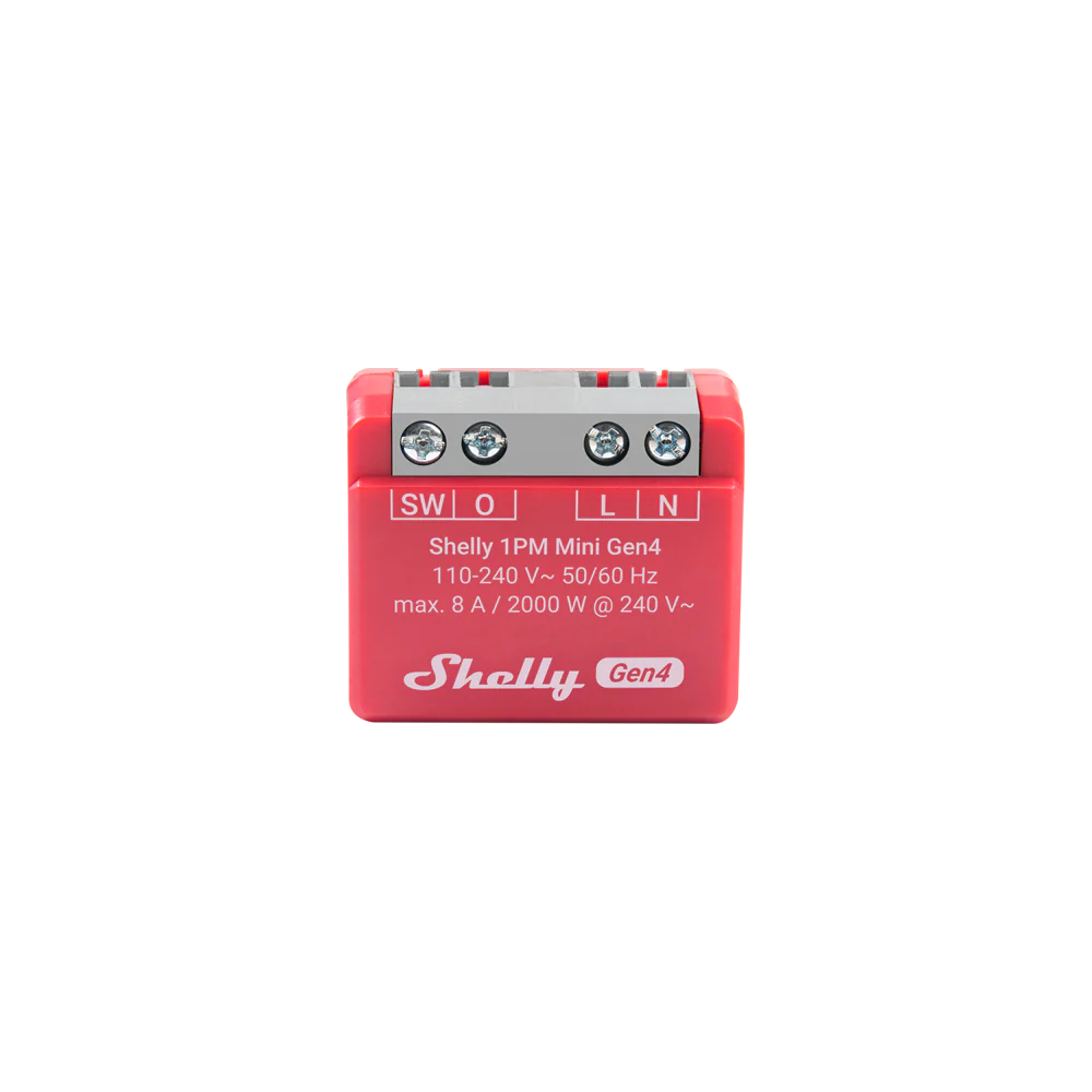 Red electronic device with 'Shelly' branding on a white background