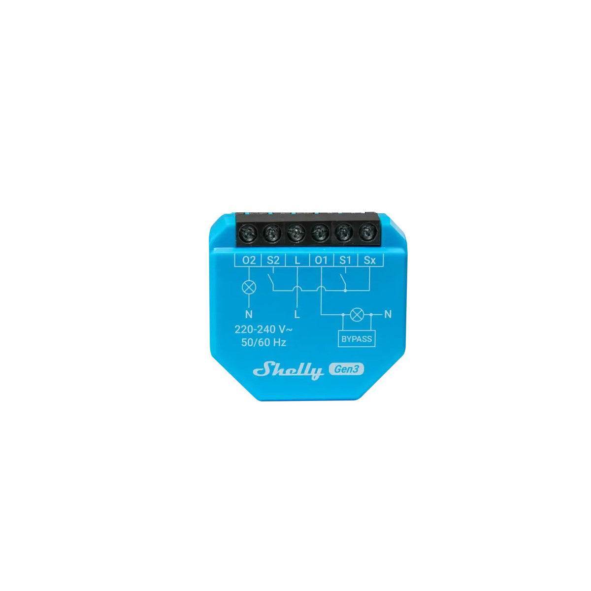 Shelly 2L Gen3 is a blue compact, two-channel smart switch tailored for precise lighting control.
