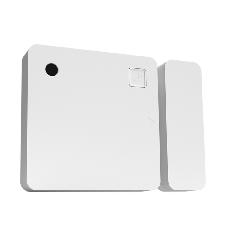 White electronic device with a small black circle and square button on a white background