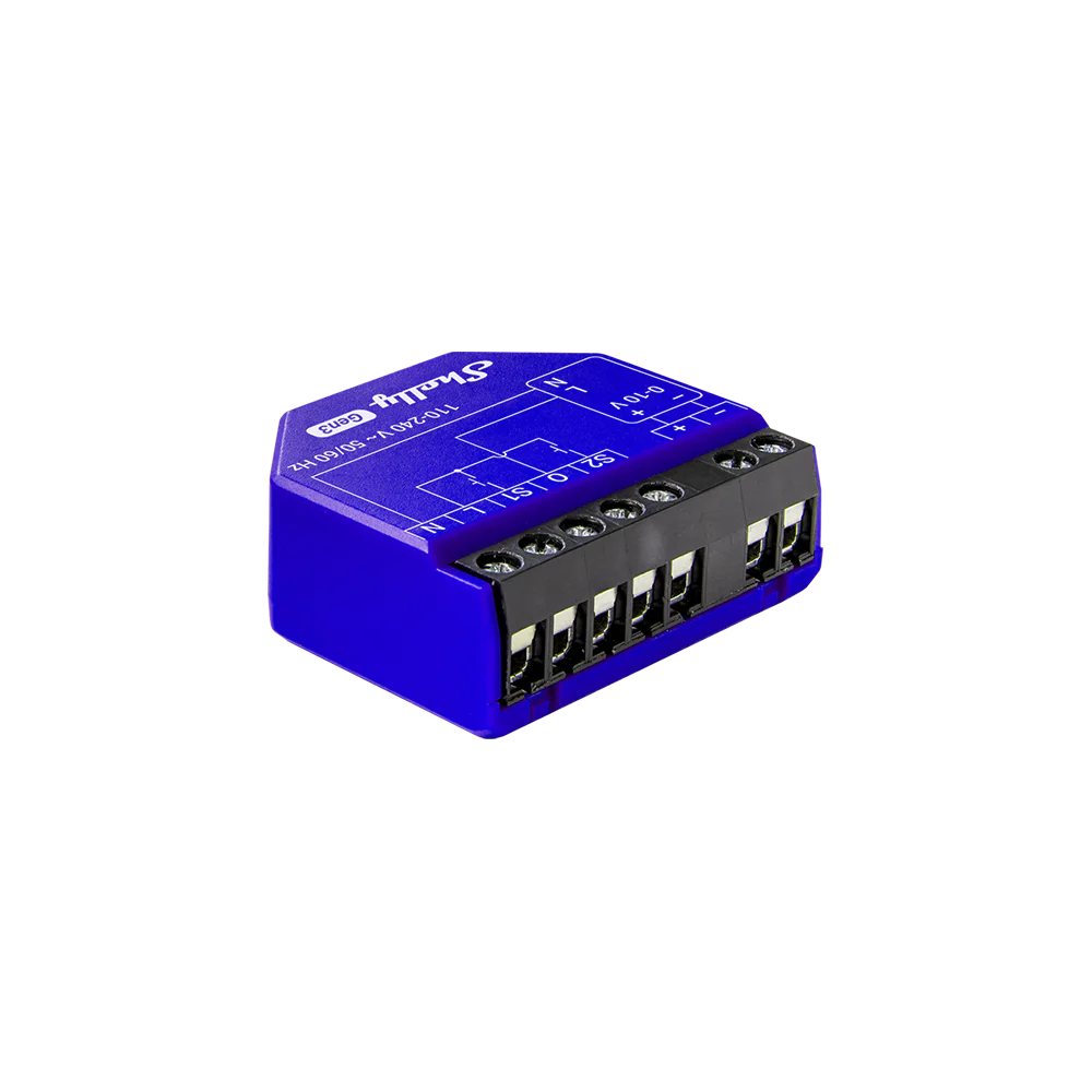 Shelly Dimmer 0/1-10V PM Gen3 smart controller for dimmable lights, featuring a 0/1-10V dimming input and power metering for home automation.