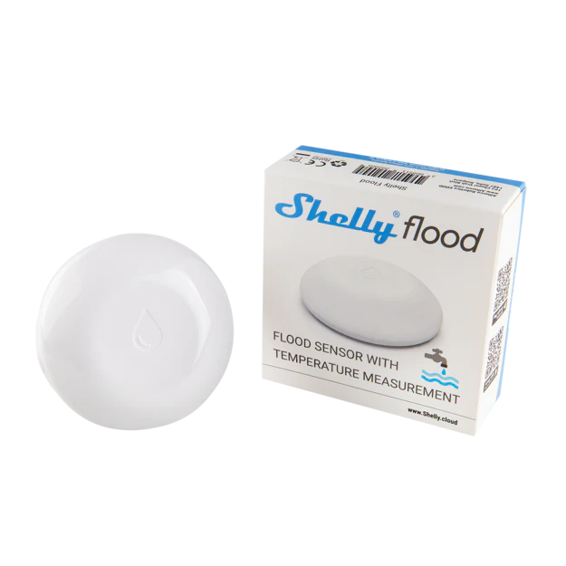 Shelly flood sensor with temperature measurement on a white background