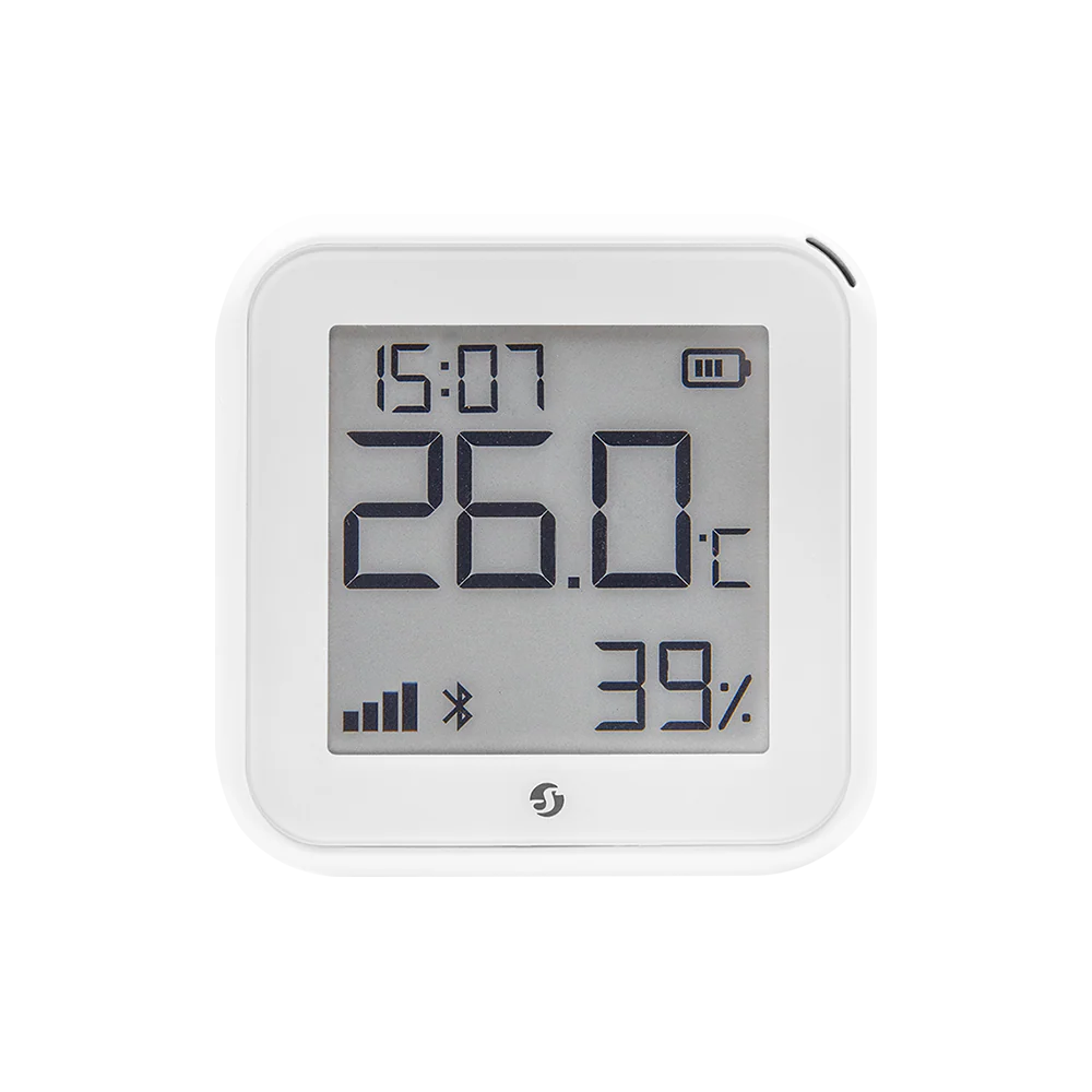 Shelly thermometer with humidity and time display on a white background