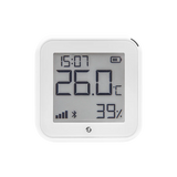 Shelly thermometer with humidity and time display on a white background