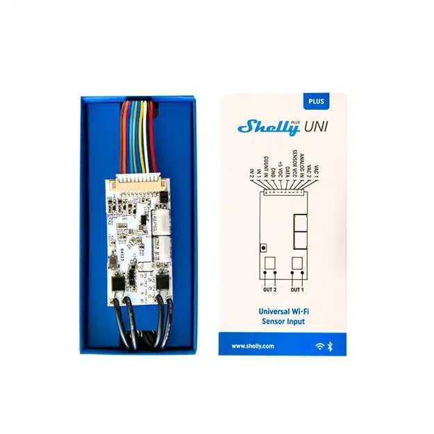 Shelly UNI Plus universal Wi-Fi sensor input device with packaging on a white background