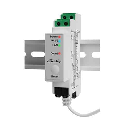 Shelly device with power, Wi-Fi, and LAN indicators on a white background