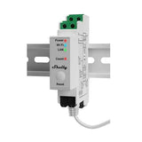 Shelly device with power, Wi-Fi, and LAN indicators on a white background