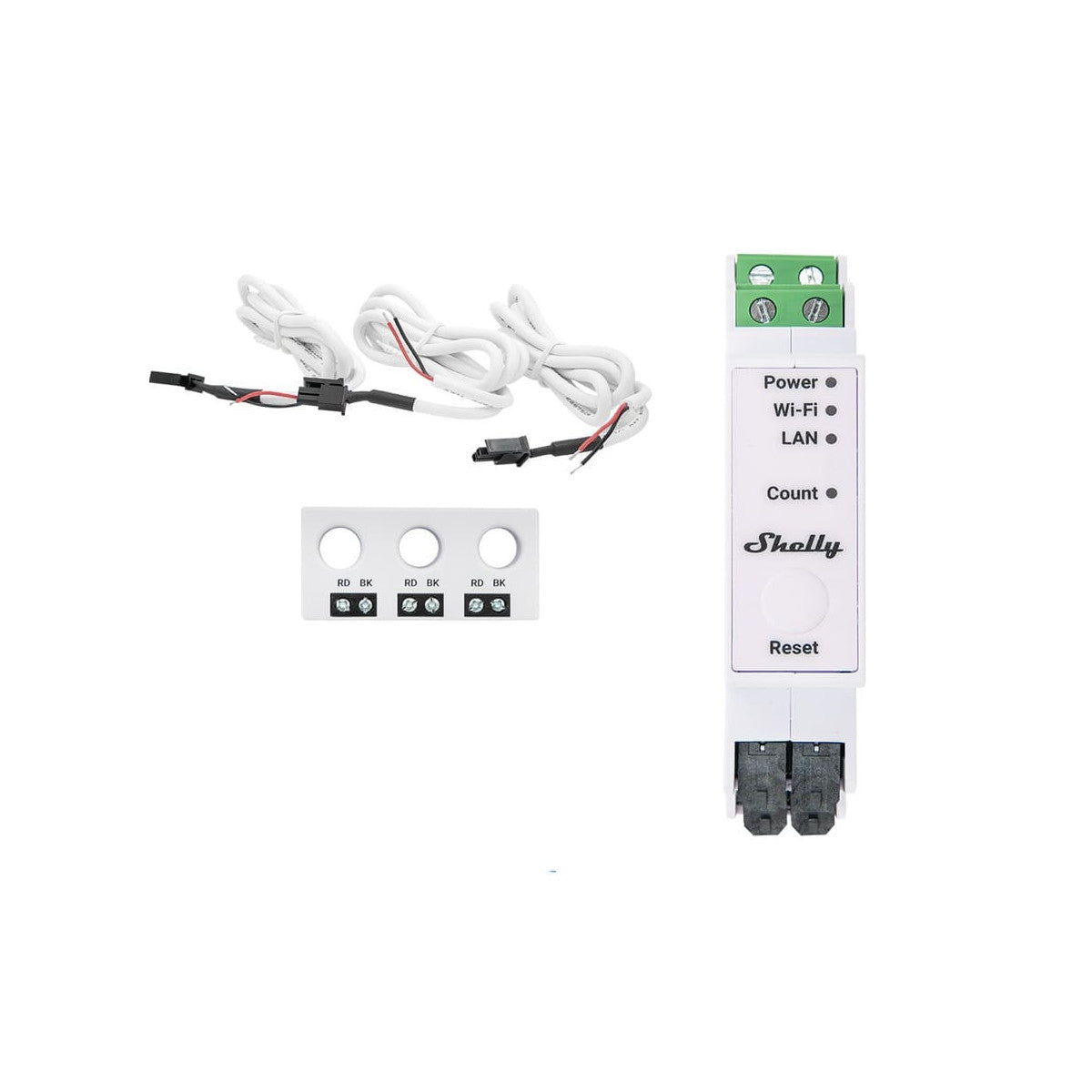 Shelly device with wiring harness on a white background