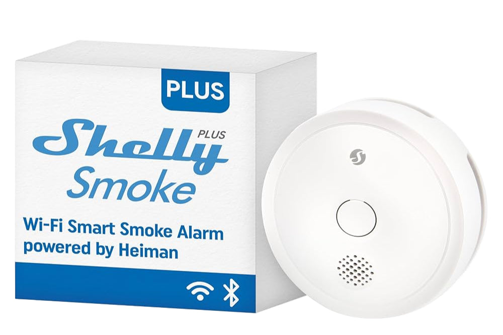 Wi-Fi smart smoke alarm with packaging on a white background